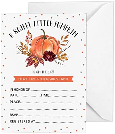 Pack of 30, Boy Baby Shower Party Collection, Baby Shower Invitation Cards, Fill in the Blank Invites WIth Envelopes, Little Pumpkin Theme Party Supplies by Inkdotpot