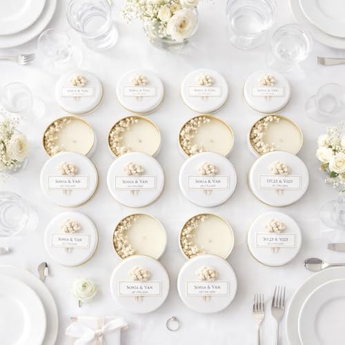 Personalized Scented Soy Wax Candle Favors with Dried Flowers, White Tin Guest Gifts for Weddings, Bridal & Baby Showers, Bulk Sets (10–200 Count) - Image 4