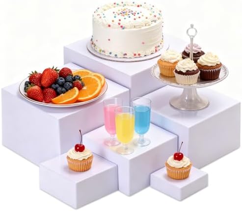 6 Pcs White Buffet Risers and Stands, Food Risers for Buffet Table, Display Stand Shelf for Party, Catering, Jewelry & Collectibles, White Acrylic Nesting Boxes for Food Display by HTRYBNES