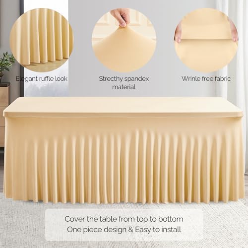 Wish Care 2 Pack Champagne Spandex Table Clothes for 6 Foot Rectangle Tables, 6FT Wrinkle Free Fitted Tablecloths Ruffles Design Table Cover for Party, Banquet, Wedding and Events - Image 2