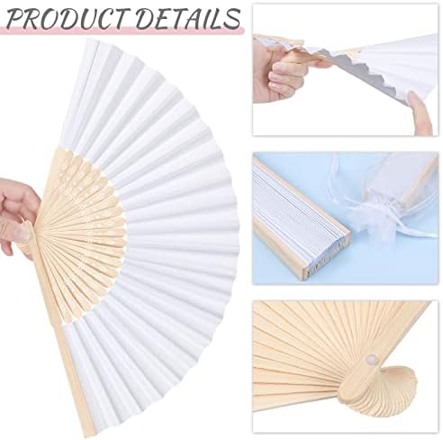 MCEAST 80 Pieces White Folding Paper Fans Wedding Fans Handheld Paper Fan White Bamboo Hand Fan Foldable Cool Favors with 80 Organza Bag for DIY Decor Wedding Party Favors Summer Guest - Image 3