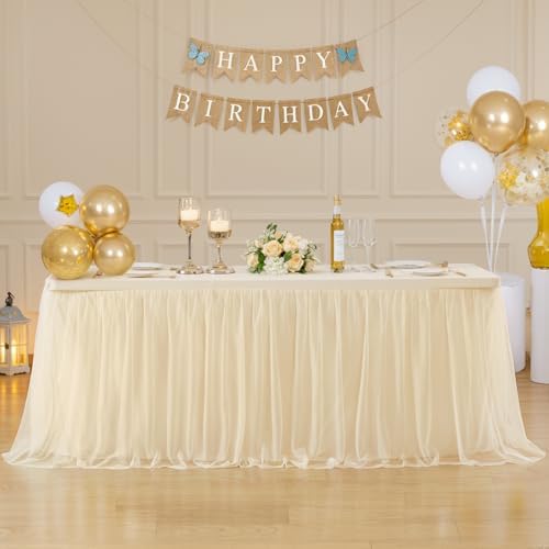 Suppromo 8ft Champagne Tulle Tablecloths for Rectangle Tables 8 Foot Stretch Rectangular Table Cloths Wrinkle Free Table Cover with Tutu Skirt for Wedding Birthday Party Banquet Buffet Cake Event - Image 3
