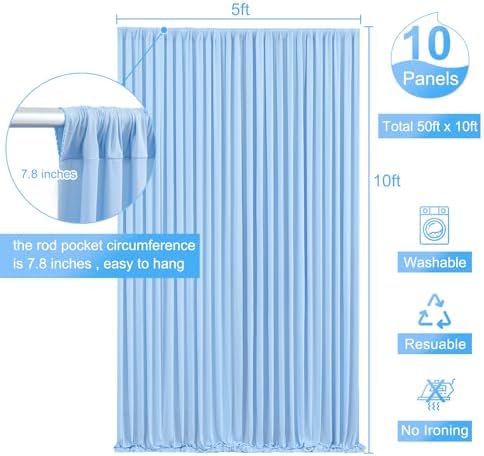 10 Panels Baby Blue Backdrop Curtain for Baby Shower Parties Light Blue Wrinkle Free 50ft x 10ft Backdrop Drapes for Birthday Photo Gender Reveal Photography Polyester Fabric Background Decoration - Image 5