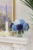 WELL KNOWN Silk Rose Artificial Flowers with Vase Artificial Rose Flower Arrangements in Round Bowl Vase with Faux Water for Home Table Decoration (Bicolor Blue) - Image 3