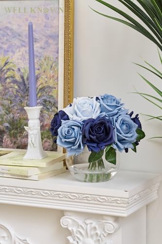 WELL KNOWN Silk Rose Artificial Flowers with Vase Artificial Rose Flower Arrangements in Round Bowl Vase with Faux Water for Home Table Decoration (Bicolor Blue) - Image 3