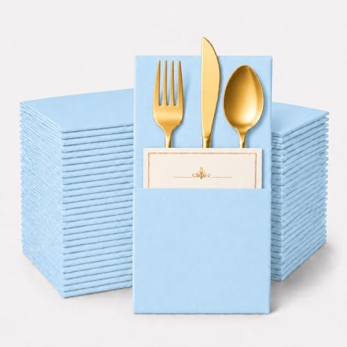 100Pcs Light Blue Napkins sage Disposable Linen Feel Dinner Paper Napkin with Built-in Flatware Pocket, Airlaid Paper Pre-Folded Napkin for Silverware Baby Shower Wedding Birthday Party by Unknown