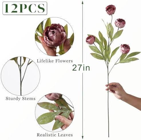 12 Pcs 27" Faux Silk Peony Artificial Flowers Stems for Vase (Warm Pink) - Image 5