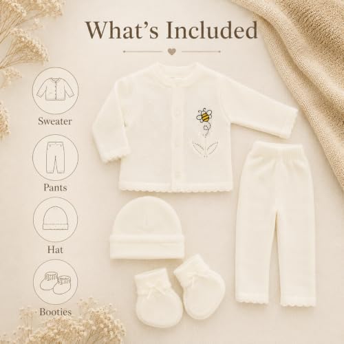 Handmade Crochet Baby Bee Outfit 0-3 Months – Premium Knit Sweater, Pants, Hat & Booties Set – Luxury Baby Shower Gift, Coming Home Outfit, Neutral Newborn Keepsake, Newborn Photography (Color Beige) - Image 4