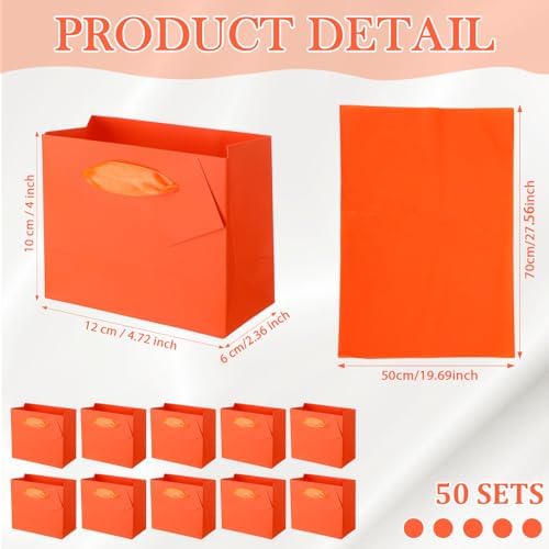 Qilery 50 Pcs Wedding Paper Gift Bags Bulk with Tissue Paper Small Gift Bags with Handle and Tags for Birthday Wedding 4th of July Party Business(Orange,4.7 x 2.4 x 3.9'') - Image 2