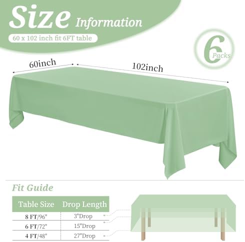 6 Pack Tablecloth 60 x 102 inch Polyester Table Cloth for 6 Foot Rectangle Tables,Stain and Wrinkle Resistant Washable Fabric Table Covers Polyester Sage Green Table Clothes for Wedding,Party,Banquet - Image 2
