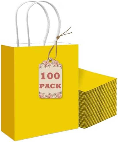 qiqee 100PCS Gift Bag with Handles Bulk Bright Yellow Paper Bags Multiple Uses (8.3"x3"x6"inch Small Size) by Qiqee