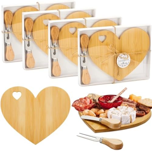 Patelai 4 Set Bridal Baby Shower Favor Heart Cheese Board with Knife, Wood Mini Charcuterie Board Thank You Gift Box for Guest Bridal Baby Shower Prize Wedding Valentines Birthday (Bamboo Color) by Patelai