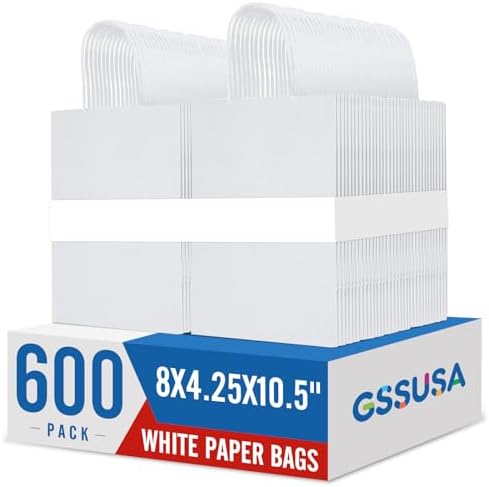 GSSUSA 600 Pack 8x4.25x10.5'' Paper Bags with Handles Bulk, White Paper Gift Bags for Small Business by GSSUSA