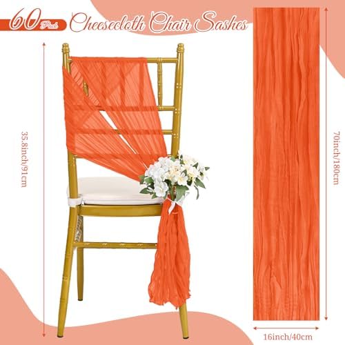 60 PCS Orange Cheesecloth Chair Sashes, 16 x 70 inch Cheesecloth Sashes Rustic Chair Decorative Bows Designed ChairCover for Wedding Banquet Party Aisle Home Kitchen Decoration - Image 2