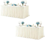 2 Pack Ivory Tablecloth Rectangle 6ft Elastic Fitted Tulle Table Cloth Stretch Spandex Rectangular Table Cover with Ruffle Skirt for Wedding Birthday Baby Shower Party Banquet Dessert Table Decor by Besutolife