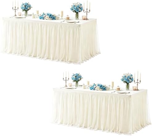 2 Pack Ivory Tablecloth Rectangle 6ft Elastic Fitted Tulle Table Cloth Stretch Spandex Rectangular Table Cover with Ruffle Skirt for Wedding Birthday Baby Shower Party Banquet Dessert Table Decor by Besutolife