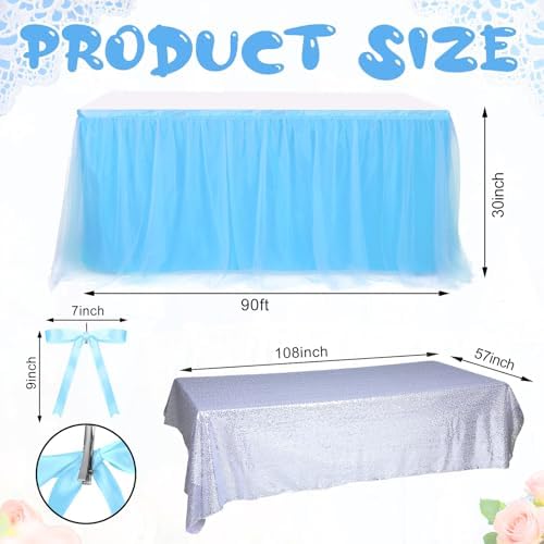 5 Pcs Princess Party Decor Blue Silver Sequin Tulle Table Skirt 30 x 108 in - Image 2