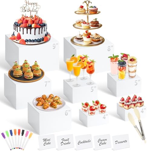 8 Pcs White Buffet Risers with Mini Table Sign, Serving Tongs, Acrylic Food Risers for Buffet Table Display Stand Shelf for Party Catering Dessert Jewelry Collectibles (Size 9" 8" 7" 6" 5" 5" 4" 4") by Qinzave