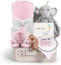 Baby Shower Gifts, Baby Girl Gifts Set Newborn Blanket Elephant Lovey Baby Security Blanket Wooden Rattle Toy, Funny Bibs Socks & Greeting Card, New Girls Baby Gift Basket Essentials by iAOVUEBY