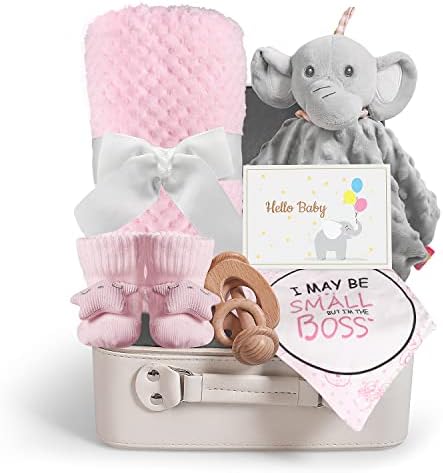 Baby Shower Gifts, Baby Girl Gifts Set Newborn Blanket Elephant Lovey Baby Security Blanket Wooden Rattle Toy, Funny Bibs Socks & Greeting Card, New Girls Baby Gift Basket Essentials by iAOVUEBY