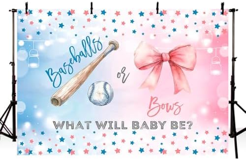 MEHOFOND 10x7ft Baseballs or Bows Gender Reveal Backdrop Boy or Girl What Will Baby Be Decorations Banner Pink and Blue Stars Gender Reveal Baby Shower Photography Background Cake Table Supplies - Image 3