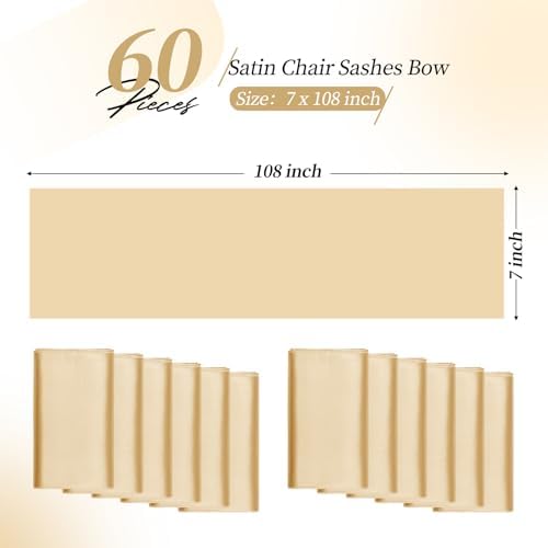 YMHPRIDE 60 PCS Champagne Satin Chair Sashes, 7x108 Inch Ties Chair Bows - Image 2