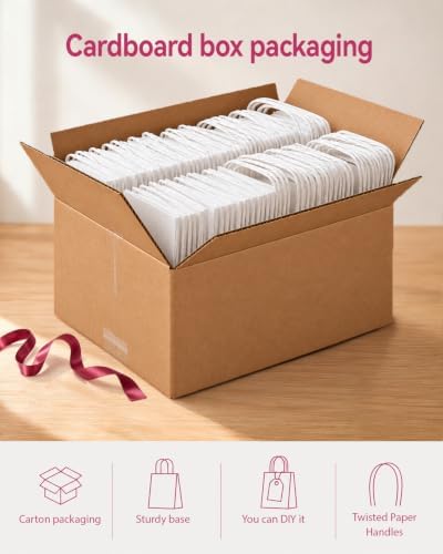 qiqee 200-Packs White Paper Gift Bags with Handles Bulk 4.5"x2.5"x6" Mini Size Paper Bags Multiple Uses - Image 5