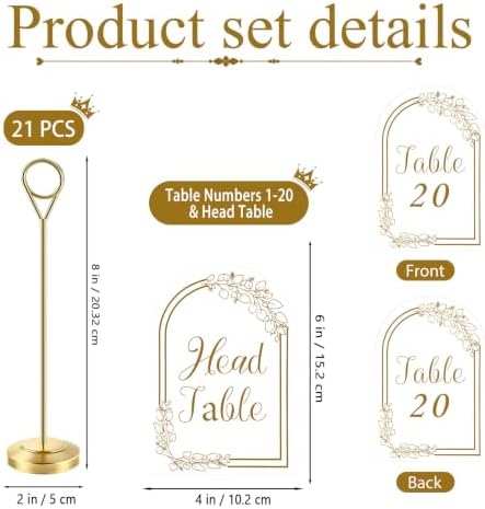 Radezon 21 PCS Gold Table Number Holders With Table Numbers 1-20 & Head Table Card, 8" Weighted Base Place Card Holders for Outdoor Wedding, Windproof Sturdy Metal Photo Stands for Reception Tables - Image 2