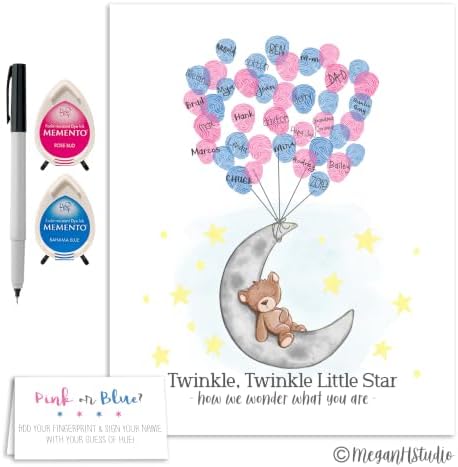 Teddy Bear and Moon Baby Shower Fingerprint Poster Guestbook Alternative Set with Ink Pads and Pen (Gender Reveal Party, 11x14 Inches) - Image 6