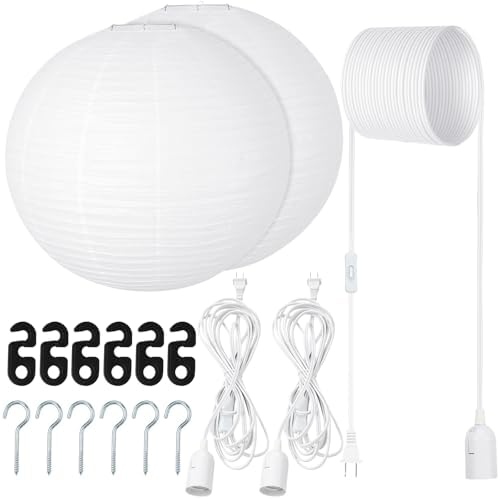 Rossesay 2 Sets Jumbo Paper Lanterns with Lamp Cord Cable White Hanging Paper Lanterns Chinese Japanese Pendant Hanging Lamp for Birthday Wedding Bridal Anniversary Party Decoration (18 Inch,Round) by Rossesay