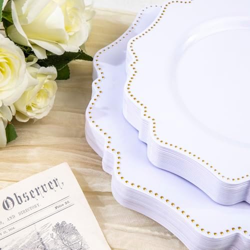 COLOSUS 60PCS White Plastic Plates, Beaded Plastic Plates for Wedding. - Image 5