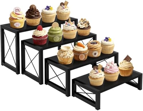 ELITEROO Wooden Risers Display Stands, 4 Tier Cupcake and Dessert Display Stand, Nesting Riser for Buffet Table for Cup Cake, Food, Collectibles, and Market Vendor Events Retail Shelf Organizer, Black by ELITEROO