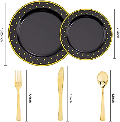 DaYammi 200Pcs Gold and Black Plastic Plates with Gold Silverware for Party - Image 2