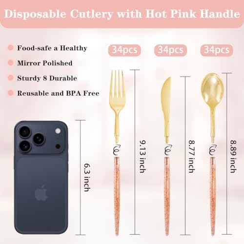 Supernal 102Pcs Pink Gold Plastic Cutlery Set Heavy Duty Utensils for Party - Image 3