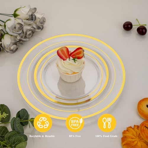 Goodluck 200PCS Clear Gold Plastic Plates, Heavy Duty Disposable Plates - Image 2