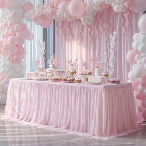 Pink Tablecloth for 6 Foot Rectangle Tables with Ruffle Tulle Table Skirt by PartyTalk