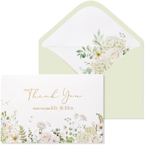 Crisky Green Floral Wedding Thank You Cards with Envelopes & Stickers From Mr & Mrs, 100 Pack Gold Foil Eucalyptus Leaves Thank You Greeting Note Cards Bulk for Bridal Shower by Crisky