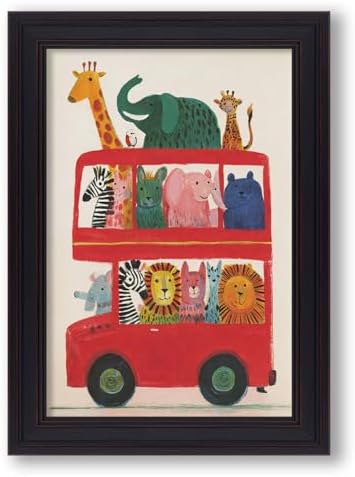 Vintage Framed Cute Colorful Animal Canvas Wall Art Modern Funny Kids Posters Safari Animals On Red Bus Scene Prints For Toddler Bedroom Nursery Wall Decor 20x30 inch by Medpol