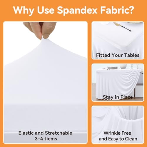 NSSONBEN 6 Pack White Spandex Tablecloth for 6 Foot Rectangle Tables,Wrinkle Free High Stretch Fitted Table Cloths 6ft, Elastic Spandex Table Covers 6ft with Pleats Skirt for Party Wedding Banquet - Image 5