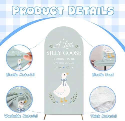 2PCS Silly Goose Baby Shower Arch Backdrop Cover Green Blue 6ft 7.2ft Stretchy Spandex Fitted A Silly Goose is About to Be on the Loose Backdrop for Silly Goose Baby Shower Decorations Party Supplies - Image 3