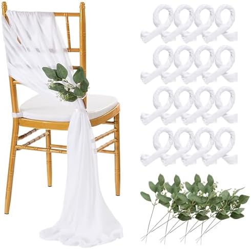 QueenDream White Chair Sashes Wedding: 16 Pieces Long Sheer Wedding Aisle Chair Decorations Tulle Chairs Covers with Artificial Eucalyptus by QueenDream