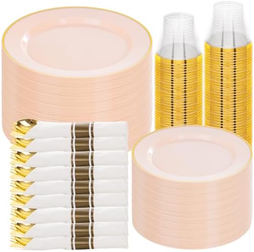 SUT 350 Pcs Pink and Gold Plastic Dinnerware Set for 50 Guests, Include: 50 Dinner Plates, 50 Dessert Plates, 50 Pre Rolled Napkins With Silverware, 50 Cups, Disposable Plates for Baby Shower, Party by SeeYouTomorrow