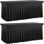 2 Pack Black Spandex Tablecloth for 5 Foot Rectangle Tables, Wrinkle Free Fitted Table Clothes Cover 5ft Stretchy Tablecloths with Skirt for Parties Weddings Birthday Banquet Baby Shower by Htper