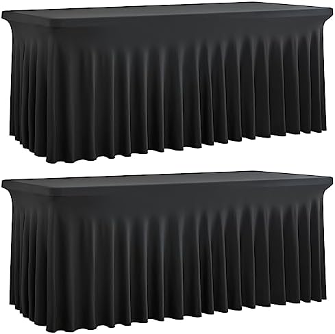 2 Pack Black Spandex Tablecloth for 5 Foot Rectangle Tables, Wrinkle Free Fitted Table Clothes Cover 5ft Stretchy Tablecloths with Skirt for Parties Weddings Birthday Banquet Baby Shower by Htper