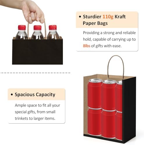 BagDream Recyclable Kraft Paper Gift Bag, 8x4.25x10.5 Inches, 100Pcs, Black, with Handles, Bulk, FSC Compliant, Multipurpose - Image 3
