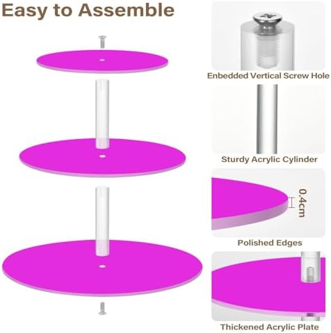 J JOYSAY Fuchsia Purple Pattern Acrylic Cupcake Stand 3 Tier Dessert Table Display Set Clear Cake Stands for Wedding Party Baby Shower Decorations Easy Assembly Macaron Tower - Image 2