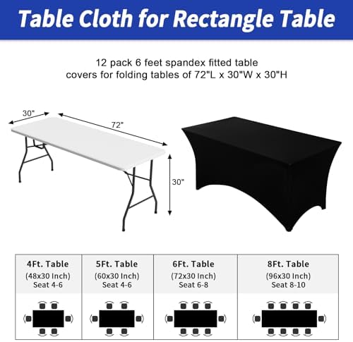 Fixwal 12 Pack 6FT Black Tablecloth Rectangle Spandex Fitted Table Cover - Image 3