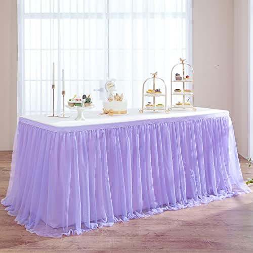 108in Lavender Tulle Table Skirts for Rectangle Tables 6/8/4ft, 2-Layer Gold Grim Lilac Purple Ruffle Tulle Tutu Cloth Table Skirt 9ft for Mermaid Birthday Party Baby Shower Dessert(No Table Cover) - Image 2
