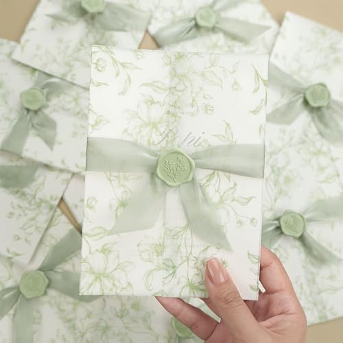 UNIQOOO 50 Sets Wedding Invitation Kit, Sage Green Floral Vellum Jackets for 5x7 Invitations w/Satin Silk Ribbon & Eucalyptus Wax Seal Stickers, Wedding Invitation Accessories - Image 7