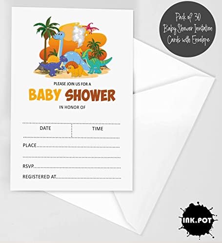 Pack of 30, Boy/Boy Baby Shower Party Collection, Baby Shower Invitation Cards, Fill in the Blank Invites WIth Envelopes, Dinosaur Theme Party Supplies - Image 2